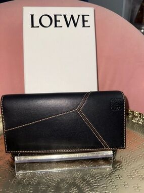 Loewe Black Leather Long Wallet with Contrast Stitching